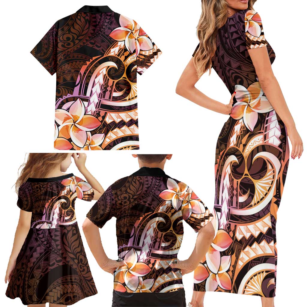 Polynesian Art Tattoo Family Matching Short Sleeve Bodycon Dress and Hawaiian Shirt Plumeria Flowers Peach Gradient