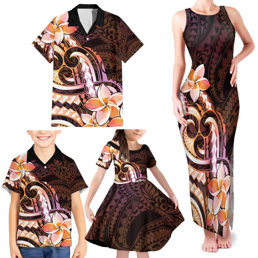 Polynesian Art Tattoo Family Matching Tank Maxi Dress and Hawaiian Shirt Plumeria Flowers Peach Gradient