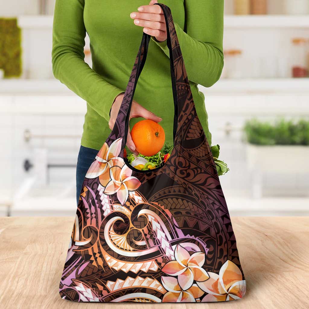 Polynesian Art Tattoo Grocery Bag Plumeria Flowers Peach Gradient