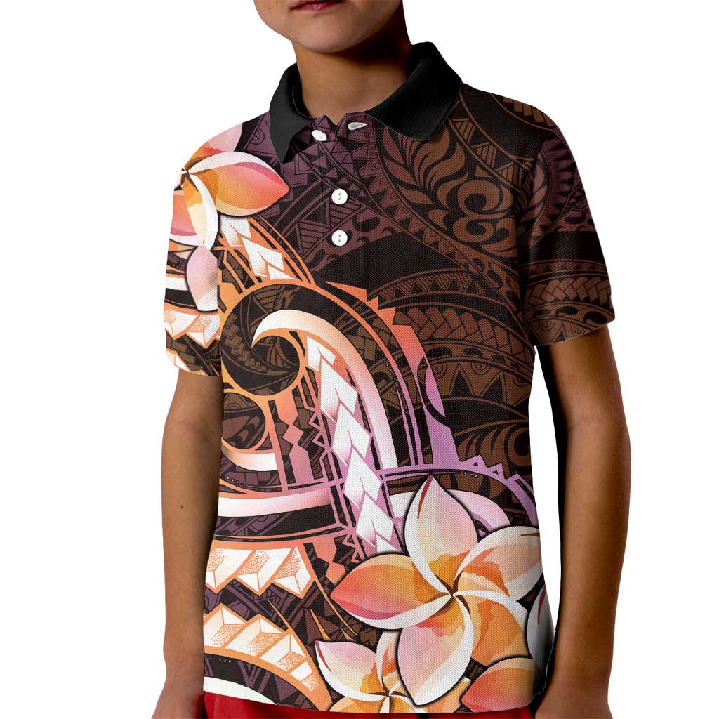 Polynesian Art Tattoo Kid Polo Shirt Plumeria Flowers Peach Gradient