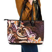 Polynesian Art Tattoo Leather Tote Bag Plumeria Flowers Peach Gradient