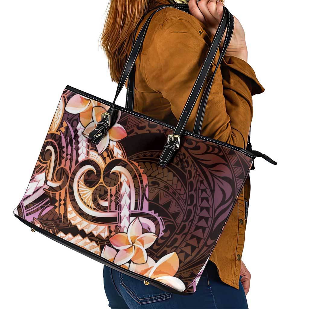 Polynesian Art Tattoo Leather Tote Bag Plumeria Flowers Peach Gradient