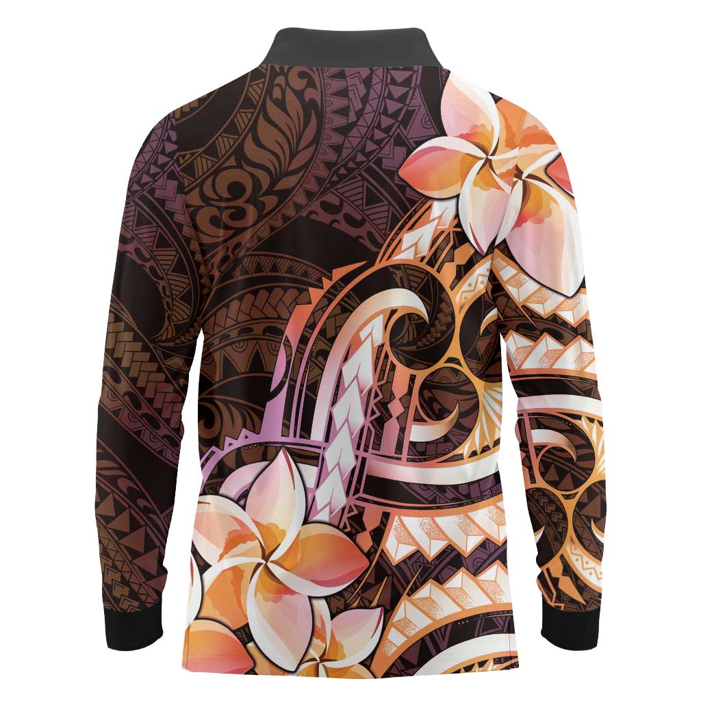 Polynesian Art Tattoo Long Sleeve Polo Shirt Plumeria Flowers Peach Gradient LT05 - Polynesian Pride