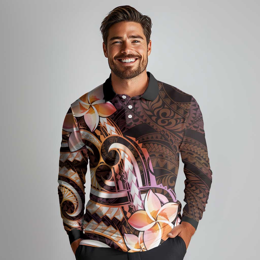 Polynesian Art Tattoo Long Sleeve Polo Shirt Plumeria Flowers Peach Gradient LT05 - Polynesian Pride