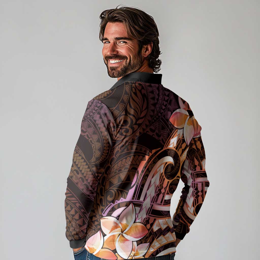 Polynesian Art Tattoo Long Sleeve Polo Shirt Plumeria Flowers Peach Gradient LT05 - Polynesian Pride