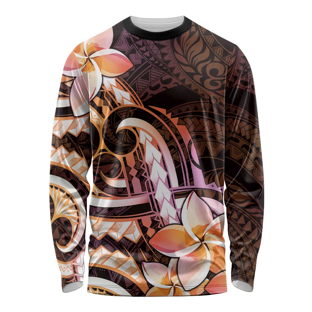 Polynesian Art Tattoo Long Sleeve Shirt Plumeria Flowers Peach Gradient LT05 Unisex Peach - Polynesian Pride