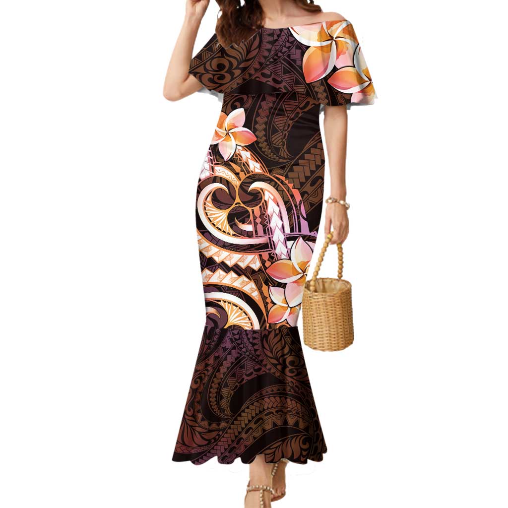 Polynesian Art Tattoo Mermaid Dress Plumeria Flowers Peach Gradient