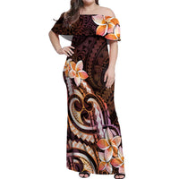 Polynesian Art Tattoo Off Shoulder Maxi Dress Plumeria Flowers Peach Gradient