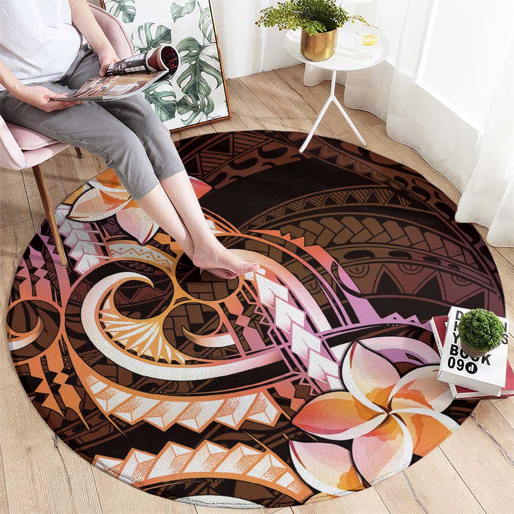 Polynesian Art Tattoo Round Carpet Plumeria Flowers Peach Gradient