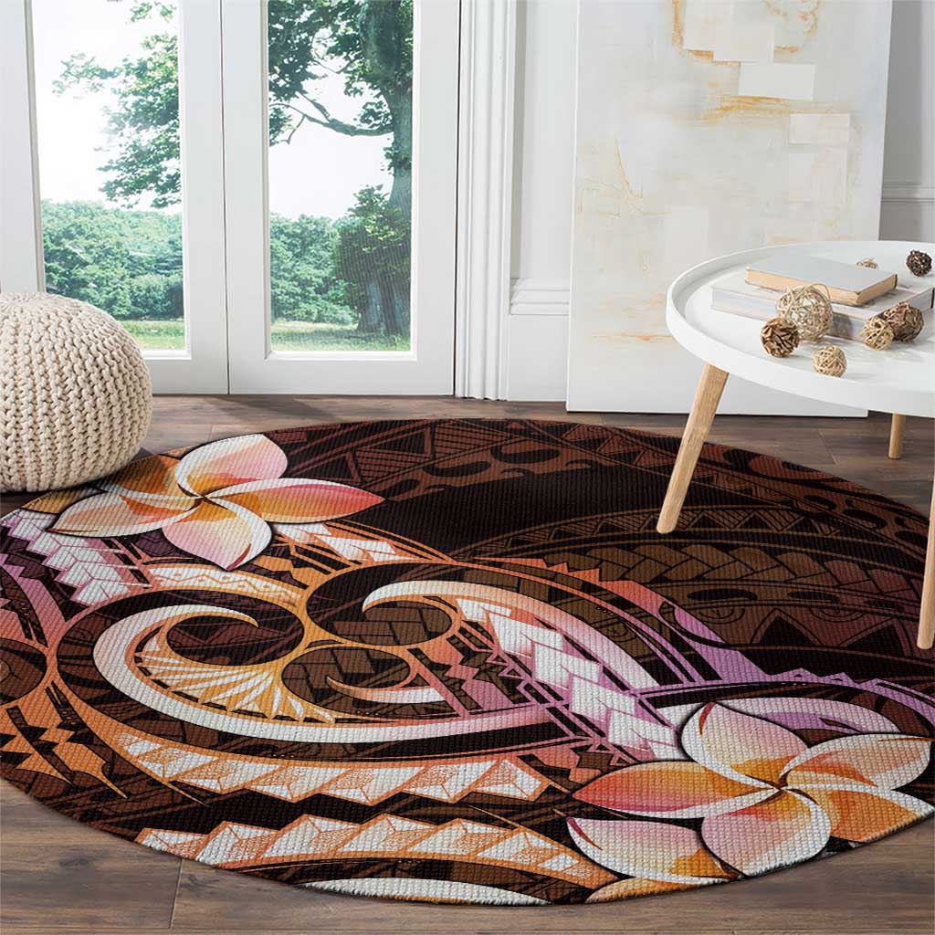 Polynesian Art Tattoo Round Carpet Plumeria Flowers Peach Gradient