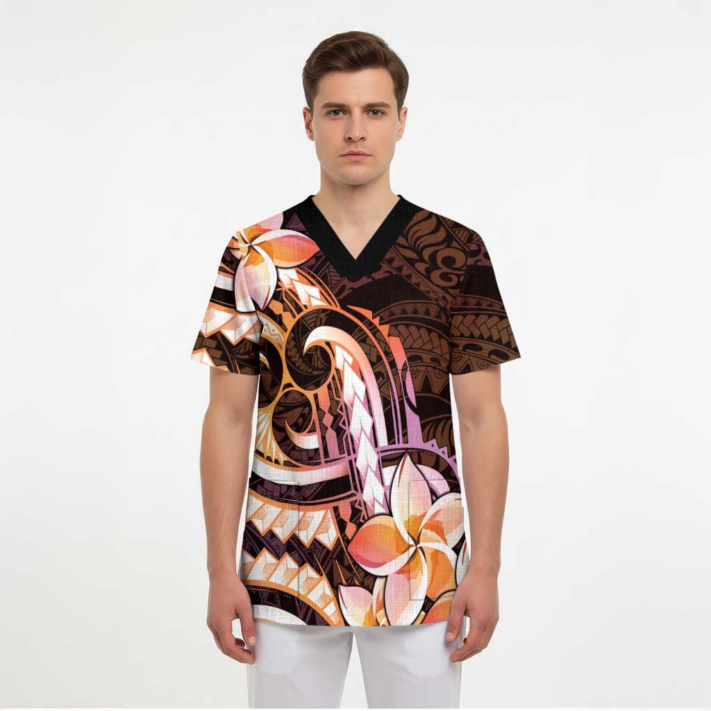 Polynesian Art Tattoo Scrub Top Plumeria Flowers Peach Gradient LT05 - Polynesian Pride