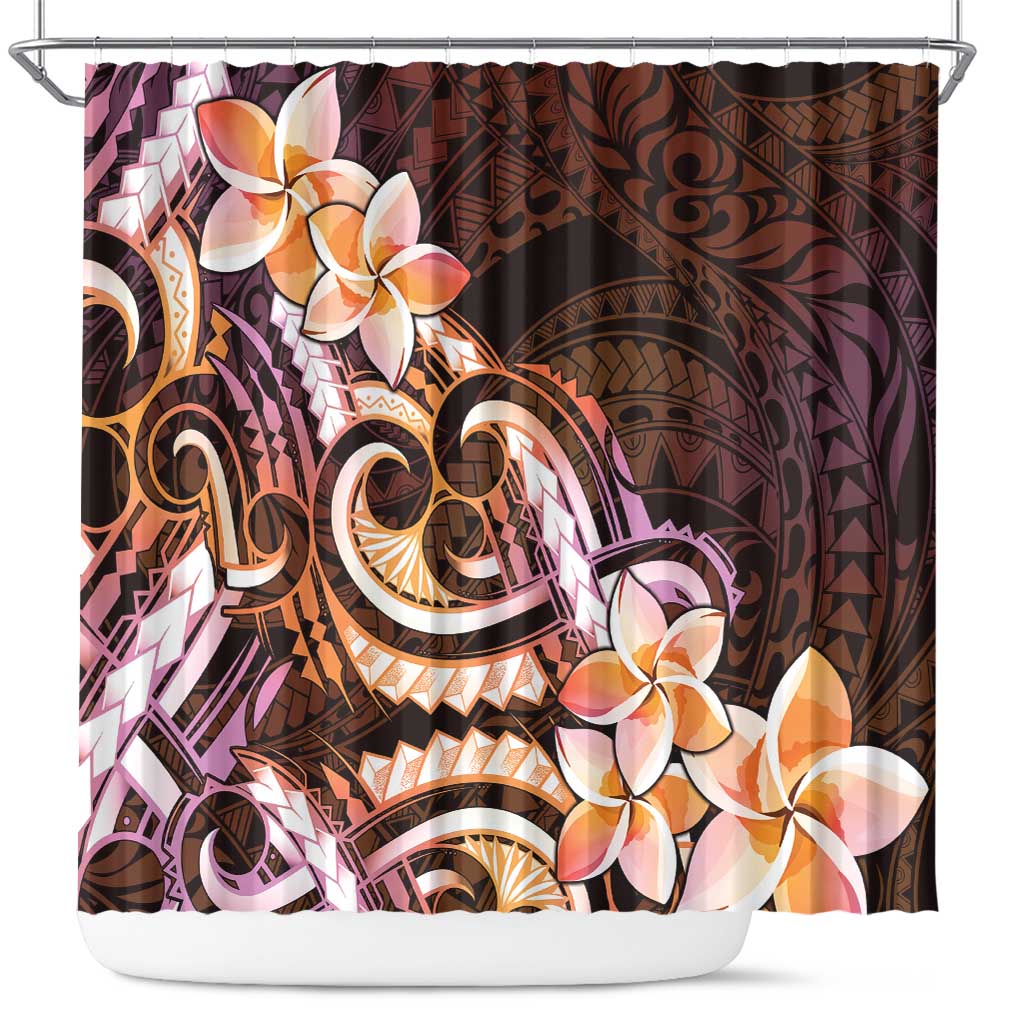 Polynesian Art Tattoo Shower Curtain Plumeria Flowers Peach Gradient