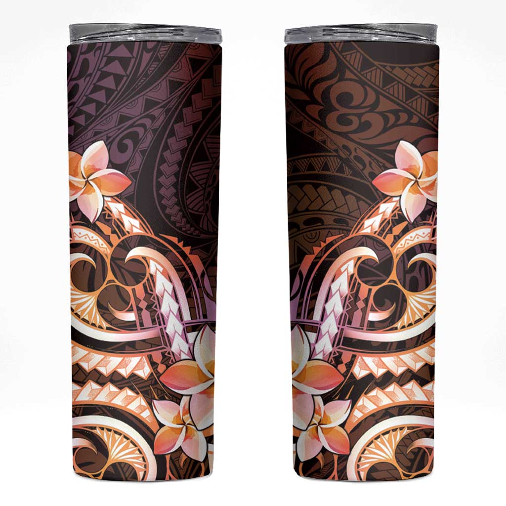 Polynesian Art Tattoo Skinny Tumbler Plumeria Flowers Peach Gradient