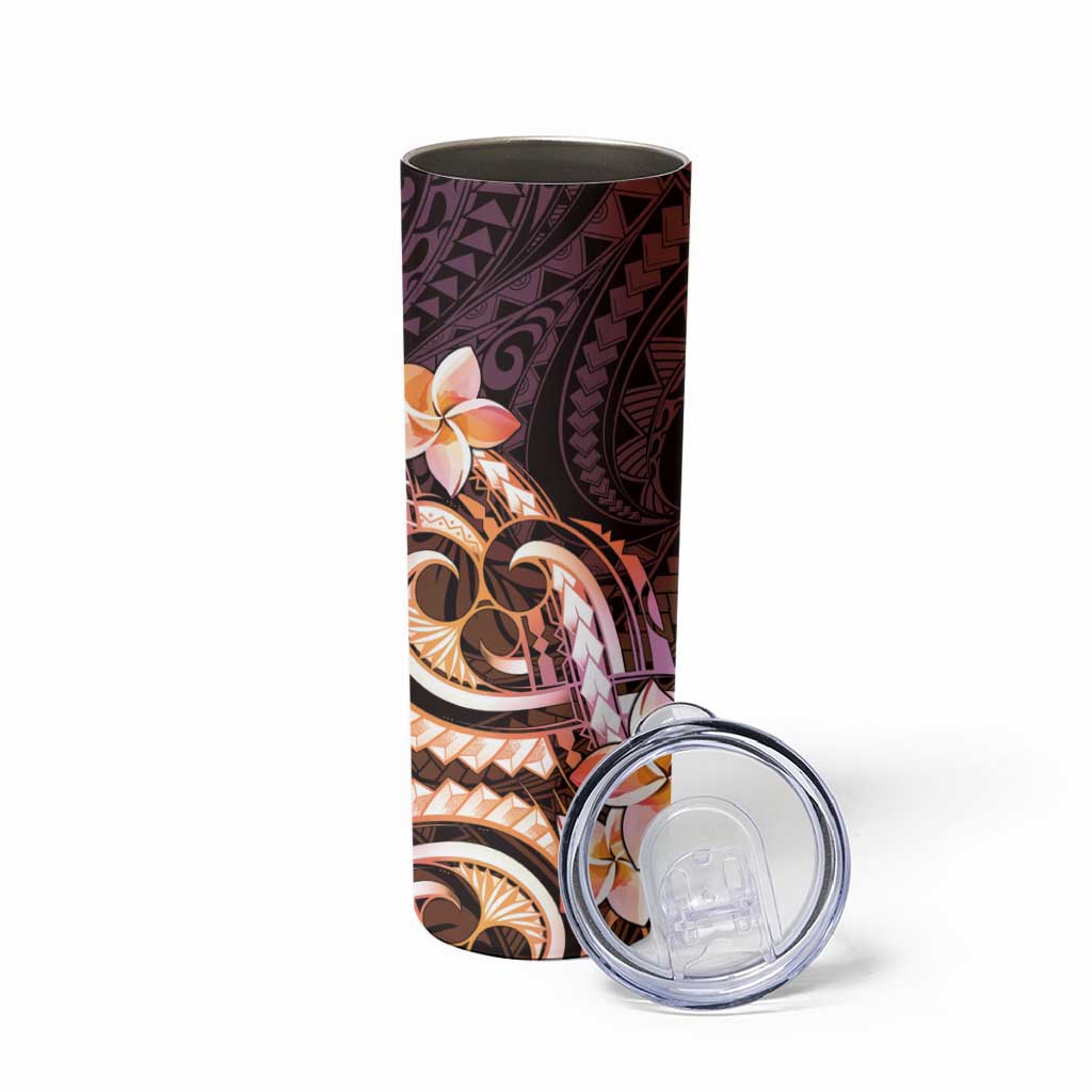 Polynesian Art Tattoo Skinny Tumbler Plumeria Flowers Peach Gradient