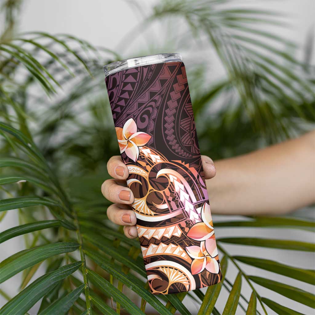 Polynesian Art Tattoo Skinny Tumbler Plumeria Flowers Peach Gradient