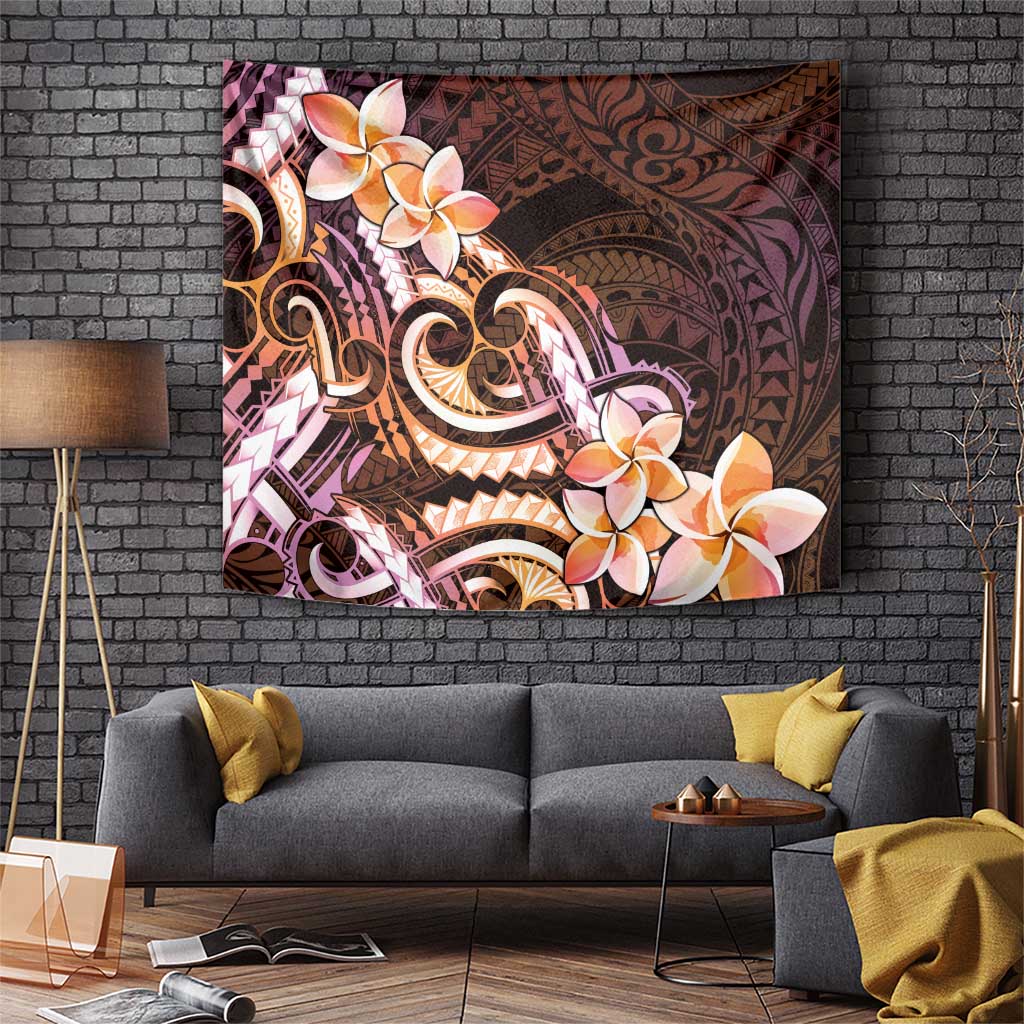 Polynesian Art Tattoo Tapestry Plumeria Flowers Peach Gradient