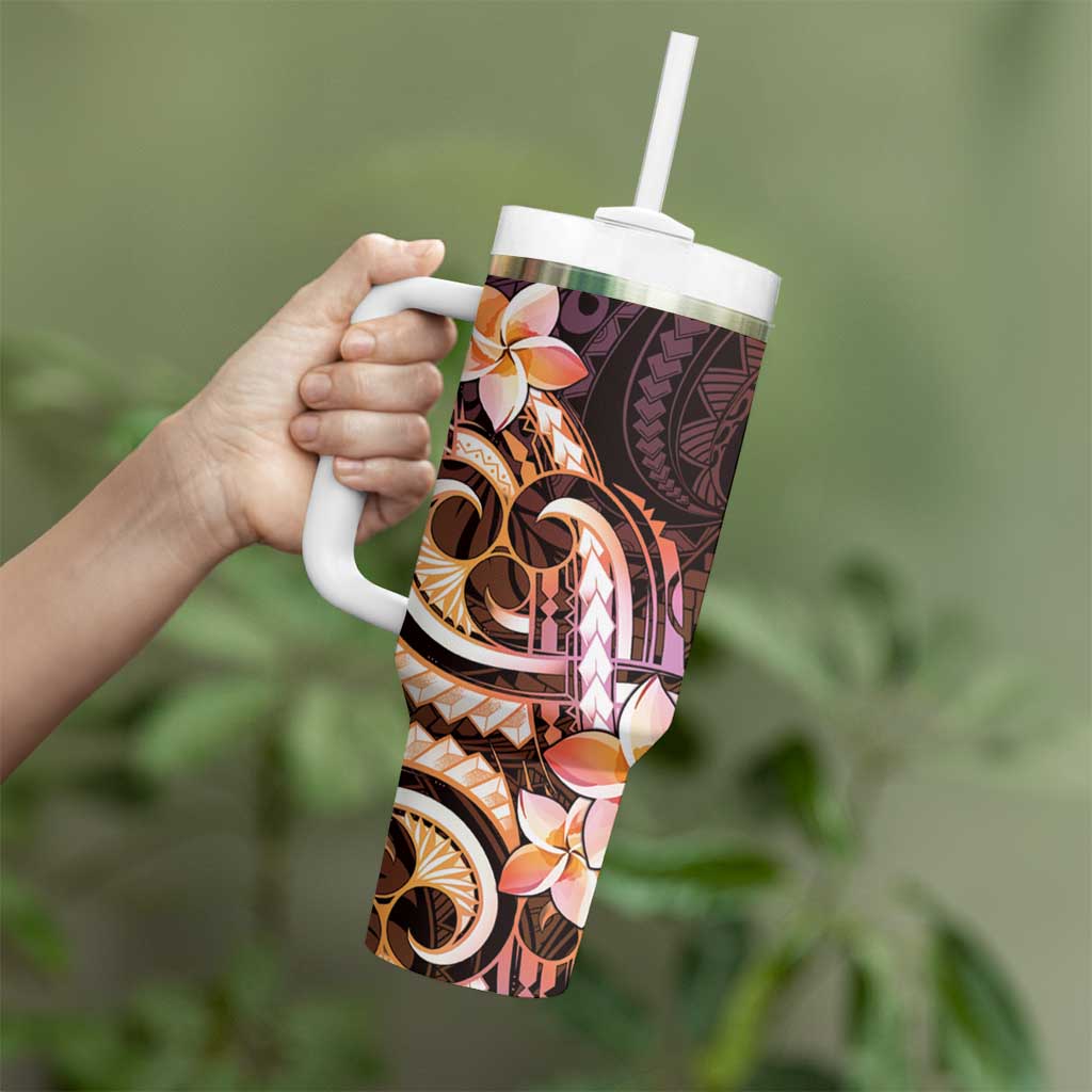 Polynesian Art Tattoo Tumbler With Handle Plumeria Flowers Peach Gradient LT05 - Polynesian Pride