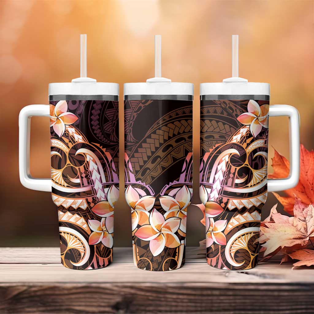 Polynesian Art Tattoo Tumbler With Handle Plumeria Flowers Peach Gradient LT05 - Polynesian Pride