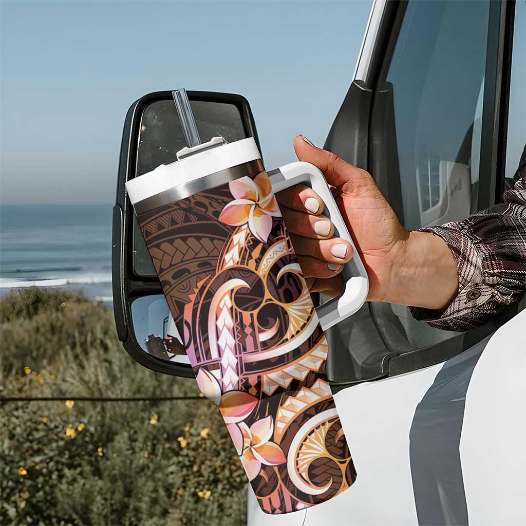 Polynesian Art Tattoo Tumbler With Handle Plumeria Flowers Peach Gradient LT05 - Polynesian Pride