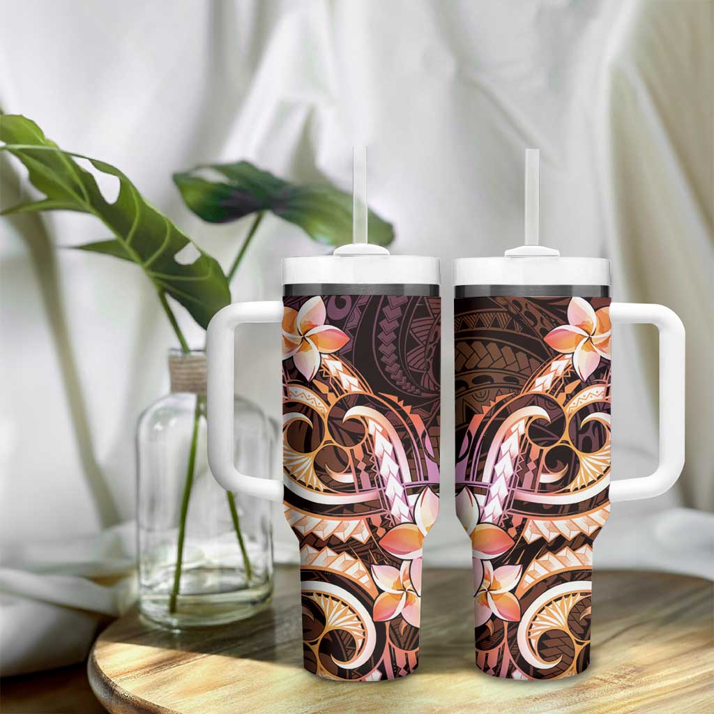 Polynesian Art Tattoo Tumbler With Handle Plumeria Flowers Peach Gradient LT05 - Polynesian Pride