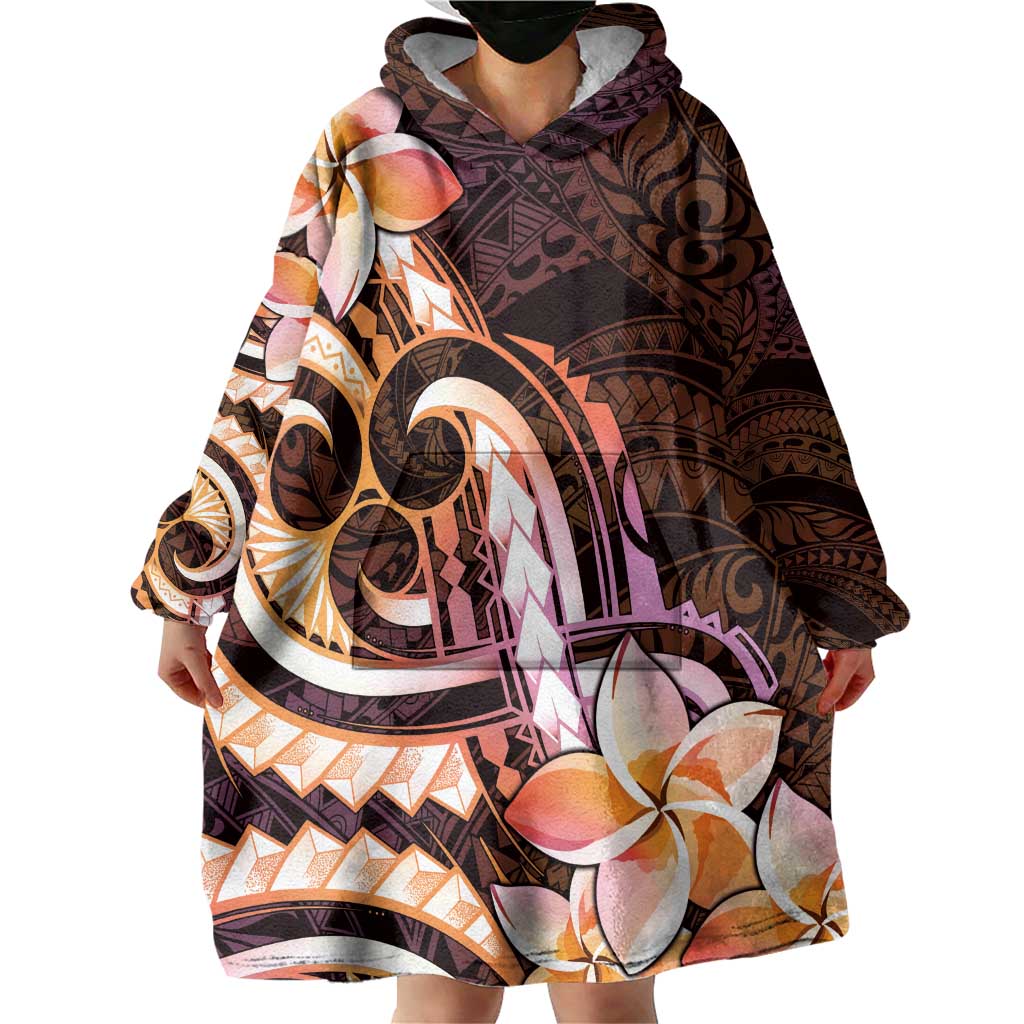 Polynesian Art Tattoo Wearable Blanket Hoodie Plumeria Flowers Peach Gradient LT05 - Polynesian Pride