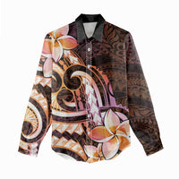 Polynesian Art Tattoo Women Casual Shirt Plumeria Flowers Peach Gradient