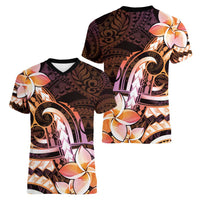 Polynesian Art Tattoo Women V-Neck T-Shirt Plumeria Flowers Peach Gradient LT05 - Polynesian Pride