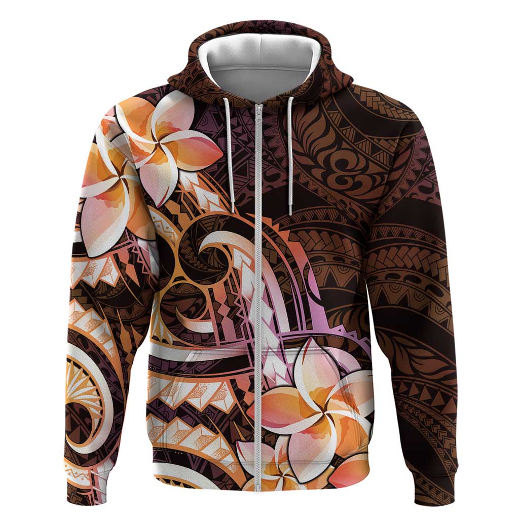 Polynesian Art Tattoo Zip Hoodie Plumeria Flowers Peach Gradient