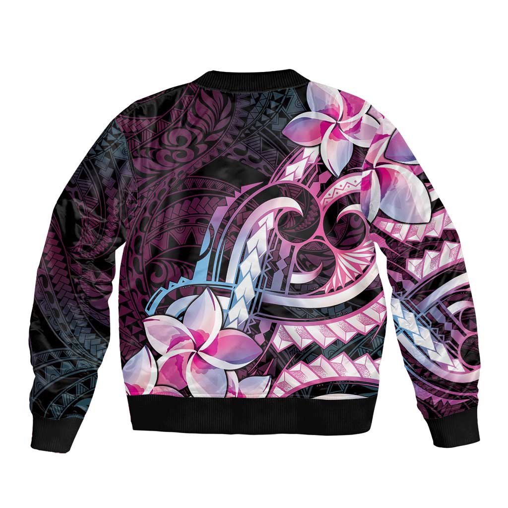 Polynesian Art Tattoo Bomber Jacket Plumeria Flowers Pink Gradient