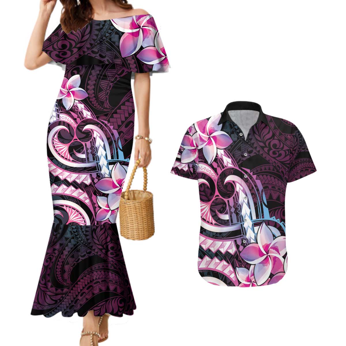 Polynesian Art Tattoo Couples Matching Mermaid Dress and Hawaiian Shirt Plumeria Flowers Pink Gradient LT05 Pink - Polynesian Pride
