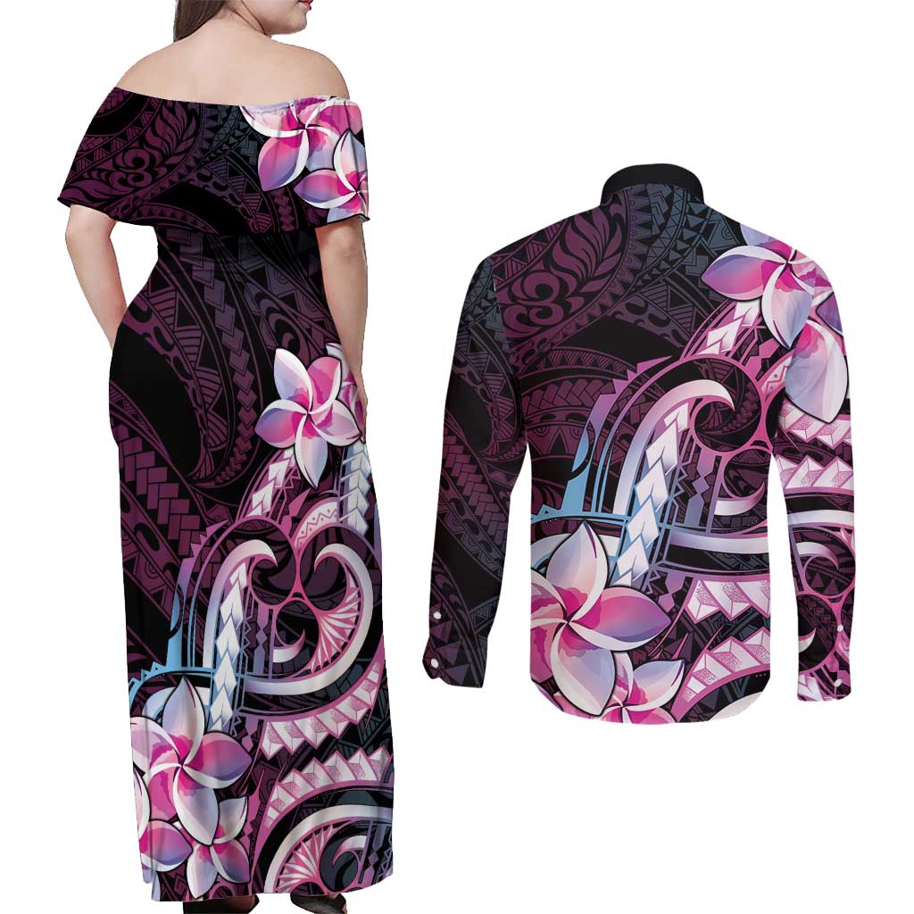 Polynesian Art Tattoo Couples Matching Off Shoulder Maxi Dress and Long Sleeve Button Shirt Plumeria Flowers Pink Gradient LT05 - Polynesian Pride