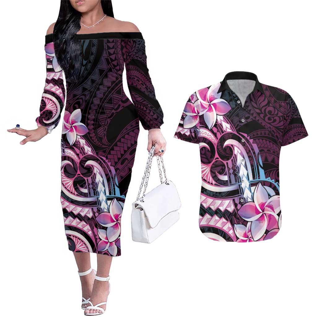 Polynesian Art Tattoo Couples Matching Off The Shoulder Long Sleeve Dress and Hawaiian Shirt Plumeria Flowers Pink Gradient LT05 Pink - Polynesian Pride
