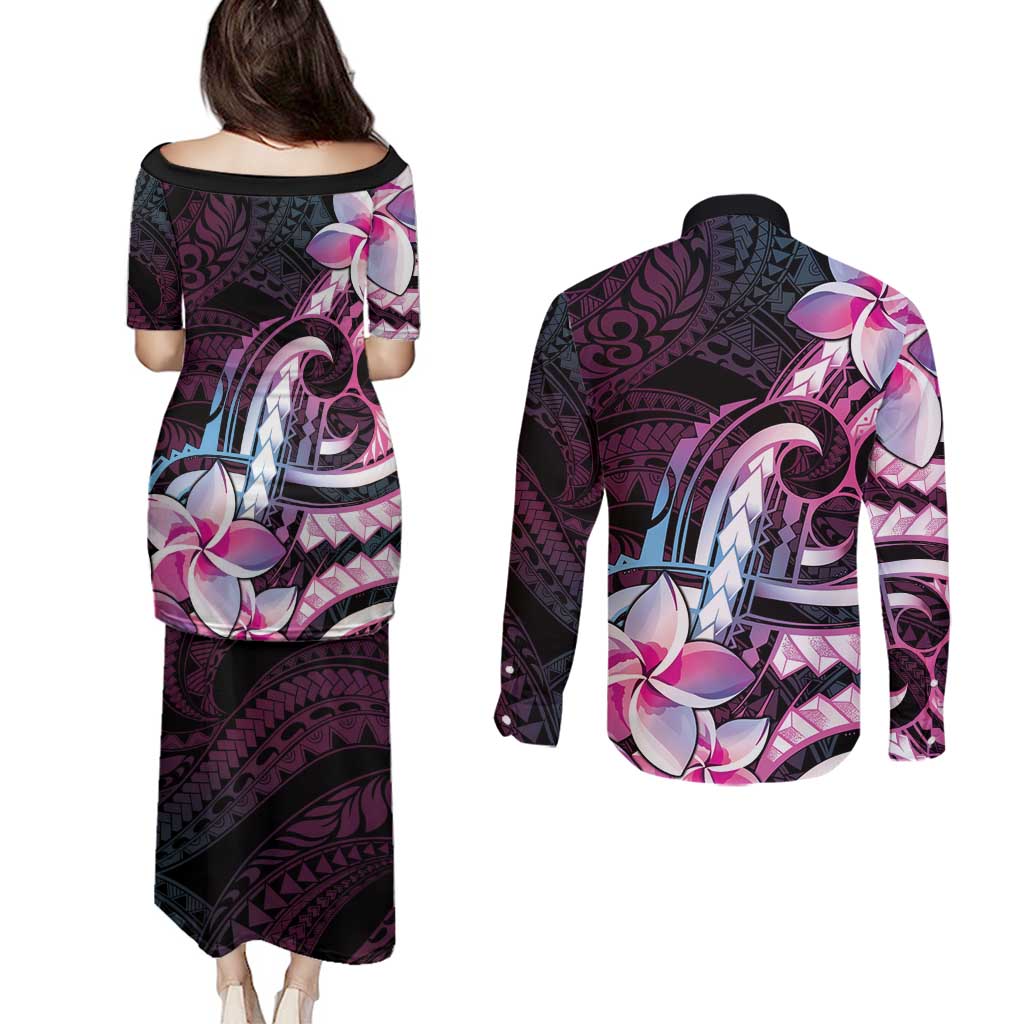 Polynesian Art Tattoo Couples Matching Puletasi and Long Sleeve Button Shirt Plumeria Flowers Pink Gradient LT05 - Polynesian Pride