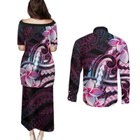 Polynesian Art Tattoo Couples Matching Puletasi and Long Sleeve Button Shirt Plumeria Flowers Pink Gradient LT05 - Polynesian Pride