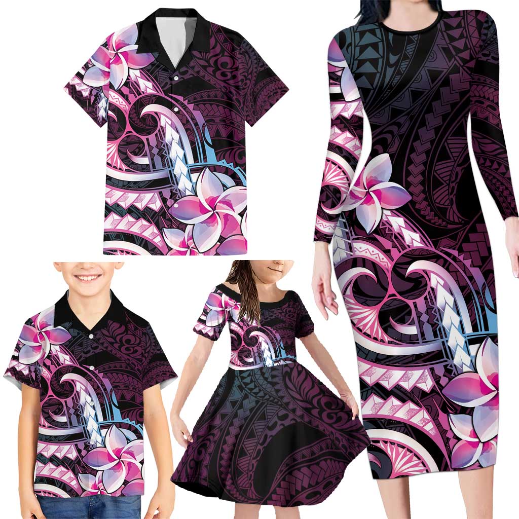 Polynesian Art Tattoo Family Matching Long Sleeve Bodycon Dress and Hawaiian Shirt Plumeria Flowers Pink Gradient