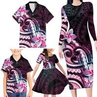 Polynesian Art Tattoo Family Matching Long Sleeve Bodycon Dress and Hawaiian Shirt Plumeria Flowers Pink Gradient