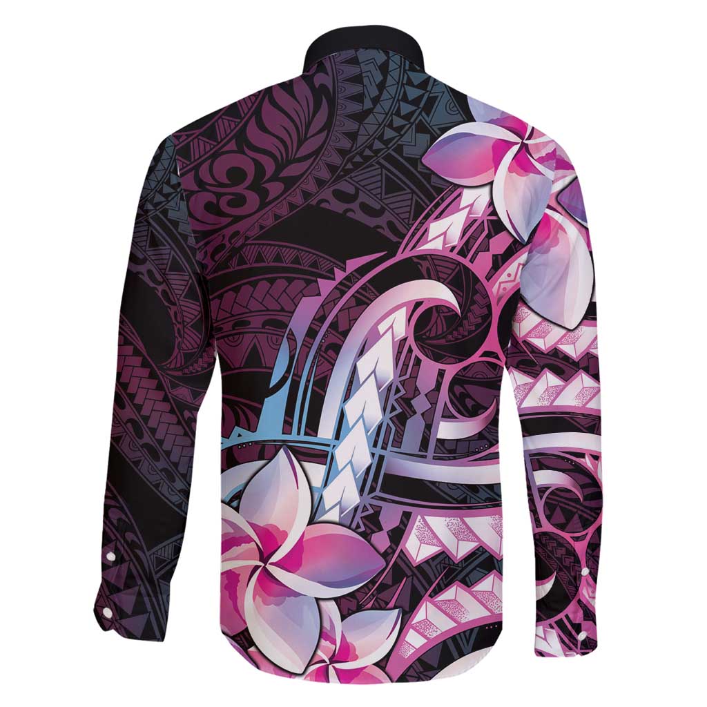 Polynesian Art Tattoo Family Matching Long Sleeve Bodycon Dress and Hawaiian Shirt Plumeria Flowers Pink Gradient