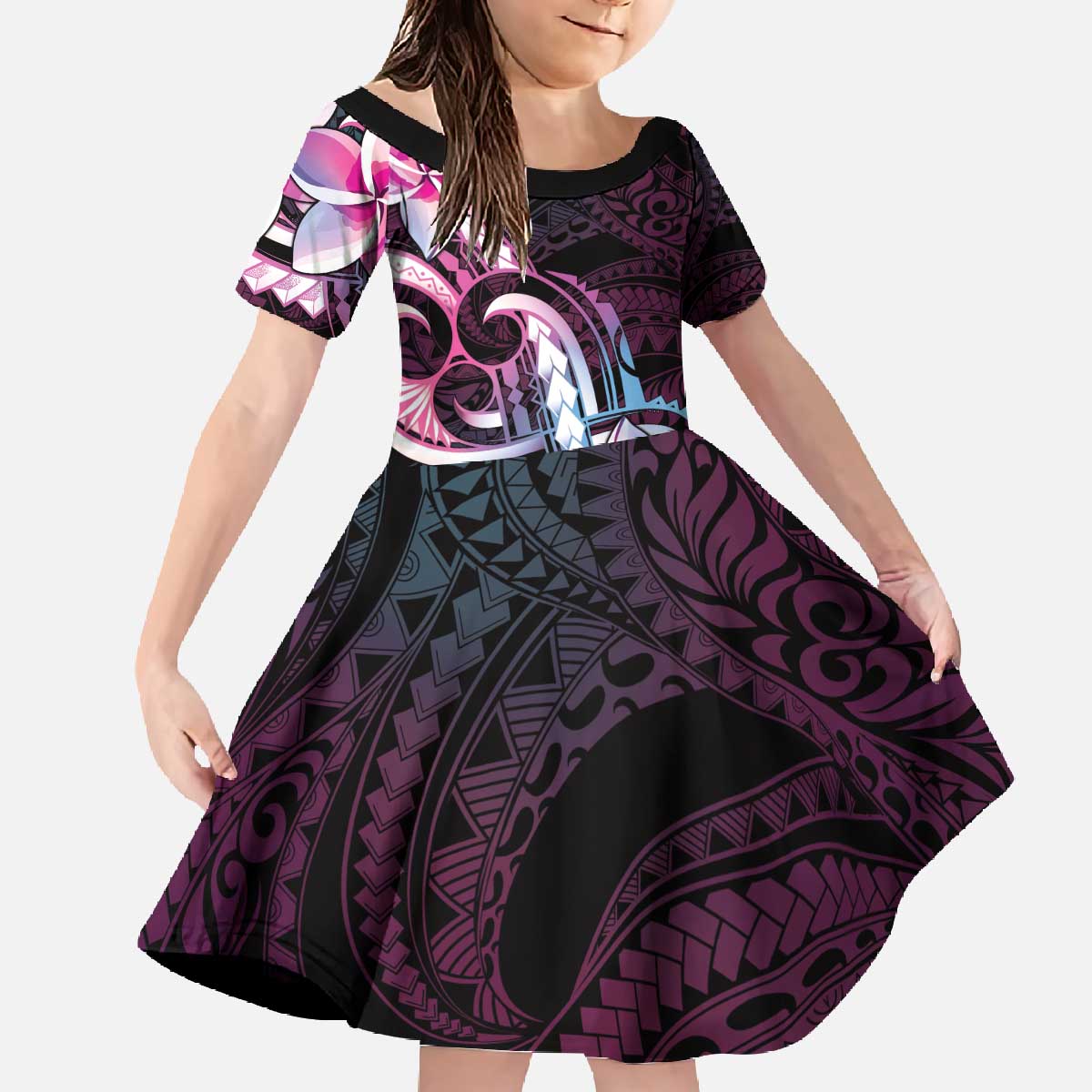 Polynesian Art Tattoo Family Matching Off The Shoulder Long Sleeve Dress and Hawaiian Shirt Plumeria Flowers Pink Gradient