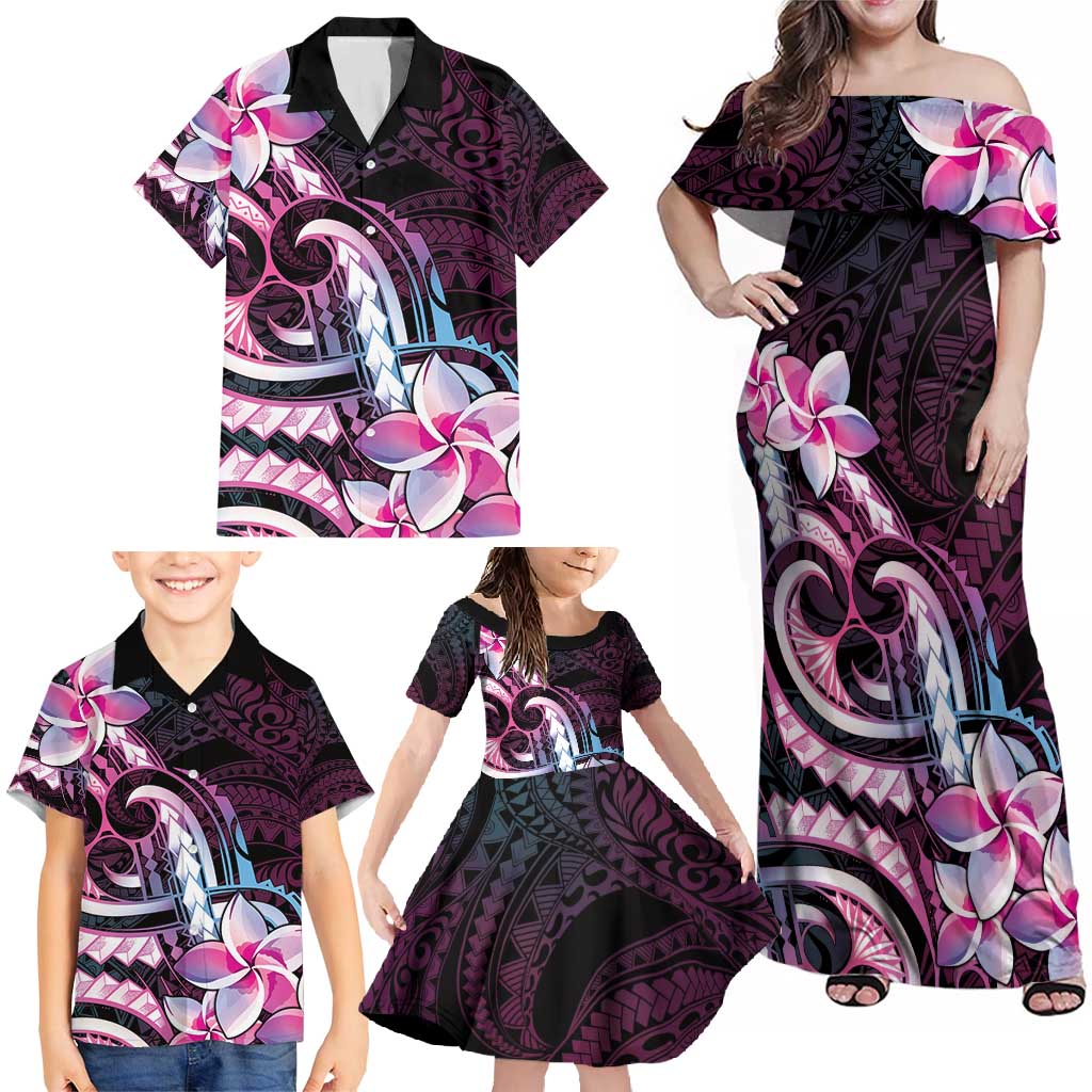 Polynesian Art Tattoo Family Matching Off Shoulder Maxi Dress and Hawaiian Shirt Plumeria Flowers Pink Gradient