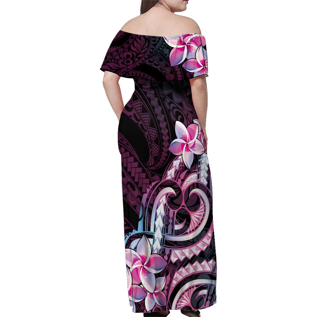 Polynesian Art Tattoo Family Matching Off Shoulder Maxi Dress and Hawaiian Shirt Plumeria Flowers Pink Gradient