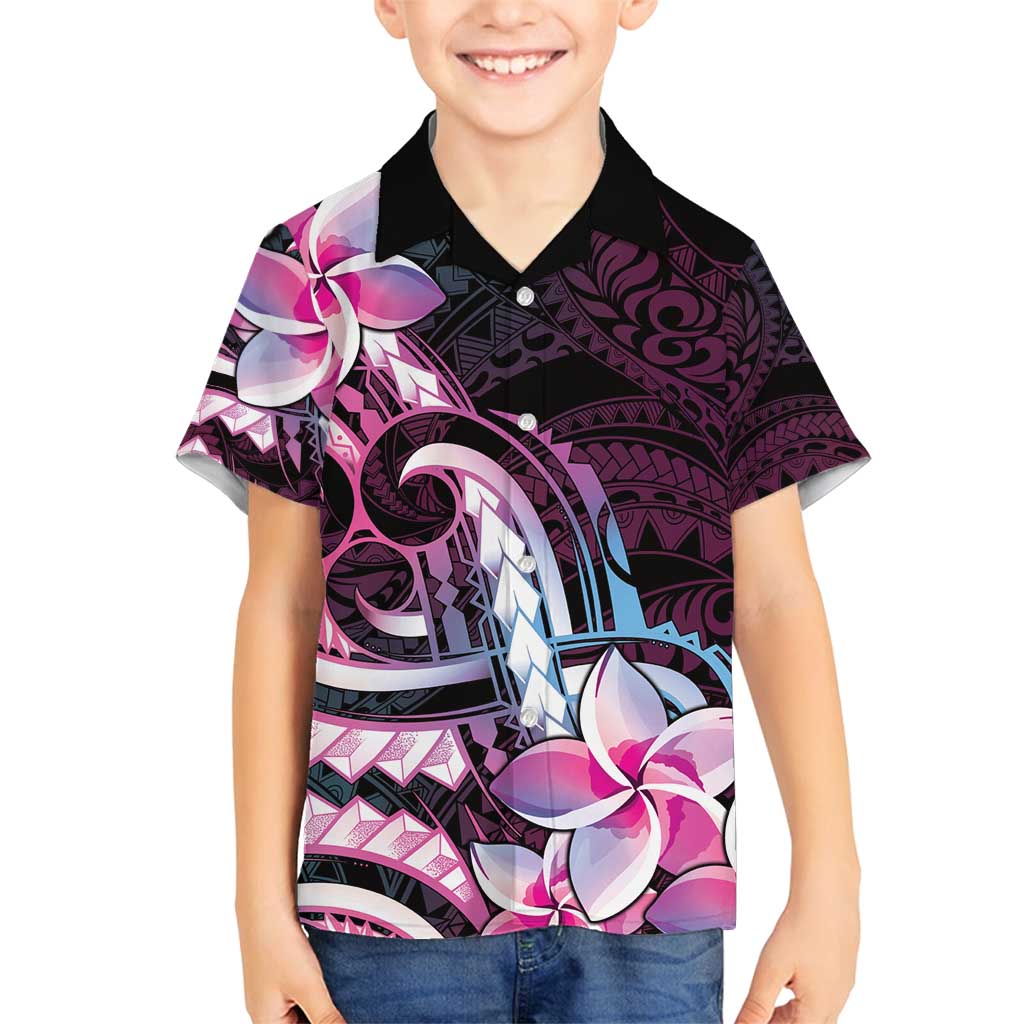 Polynesian Art Tattoo Family Matching Off Shoulder Short Dress and Hawaiian Shirt Plumeria Flowers Pink Gradient