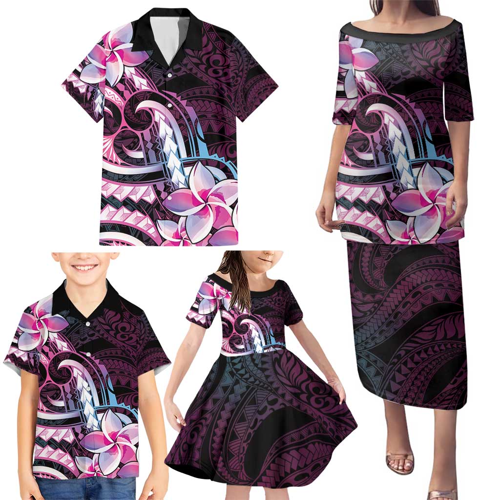 Polynesian Art Tattoo Family Matching Puletasi and Hawaiian Shirt Plumeria Flowers Pink Gradient