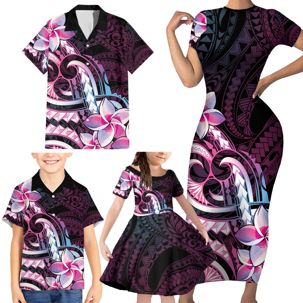 Polynesian Art Tattoo Family Matching Short Sleeve Bodycon Dress and Hawaiian Shirt Plumeria Flowers Pink Gradient