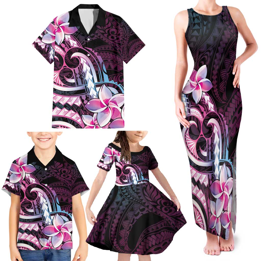 Polynesian Art Tattoo Family Matching Tank Maxi Dress and Hawaiian Shirt Plumeria Flowers Pink Gradient