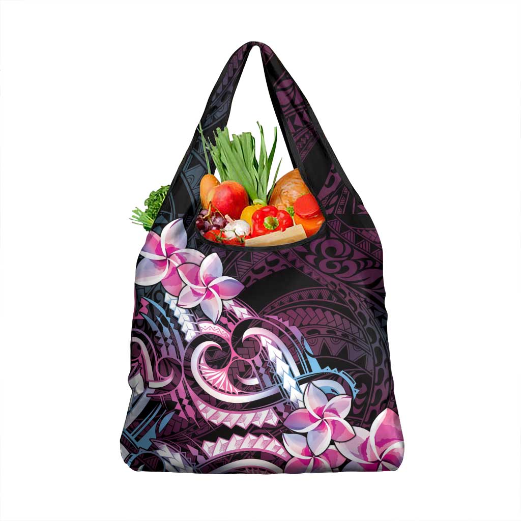 Polynesian Art Tattoo Grocery Bag Plumeria Flowers Pink Gradient