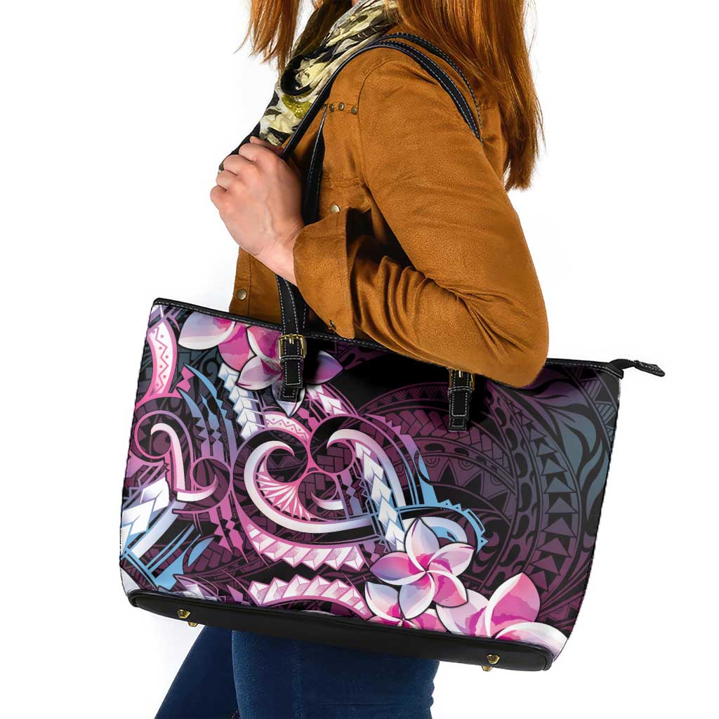 Polynesian Art Tattoo Leather Tote Bag Plumeria Flowers Pink Gradient