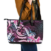 Polynesian Art Tattoo Leather Tote Bag Plumeria Flowers Pink Gradient