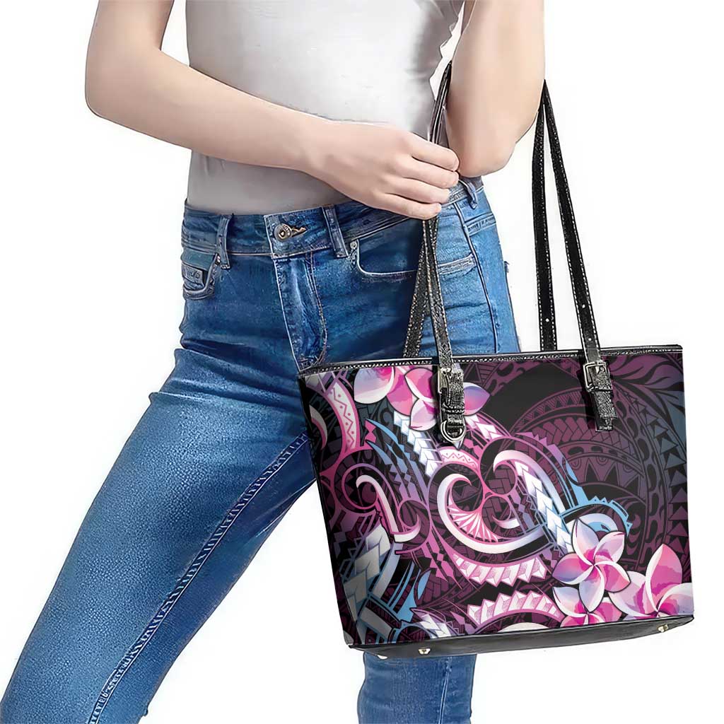 Polynesian Art Tattoo Leather Tote Bag Plumeria Flowers Pink Gradient