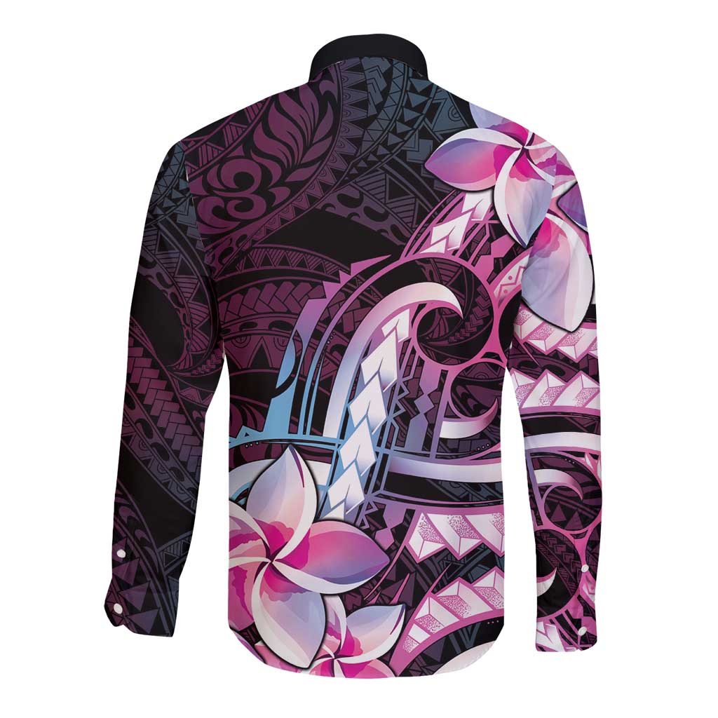 Polynesian Art Tattoo Long Sleeve Button Shirt Plumeria Flowers Pink Gradient LT05 - Polynesian Pride