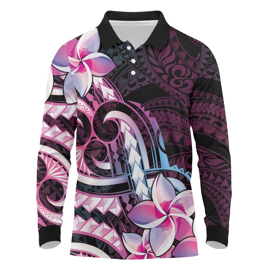 Polynesian Art Tattoo Long Sleeve Polo Shirt Plumeria Flowers Pink Gradient
